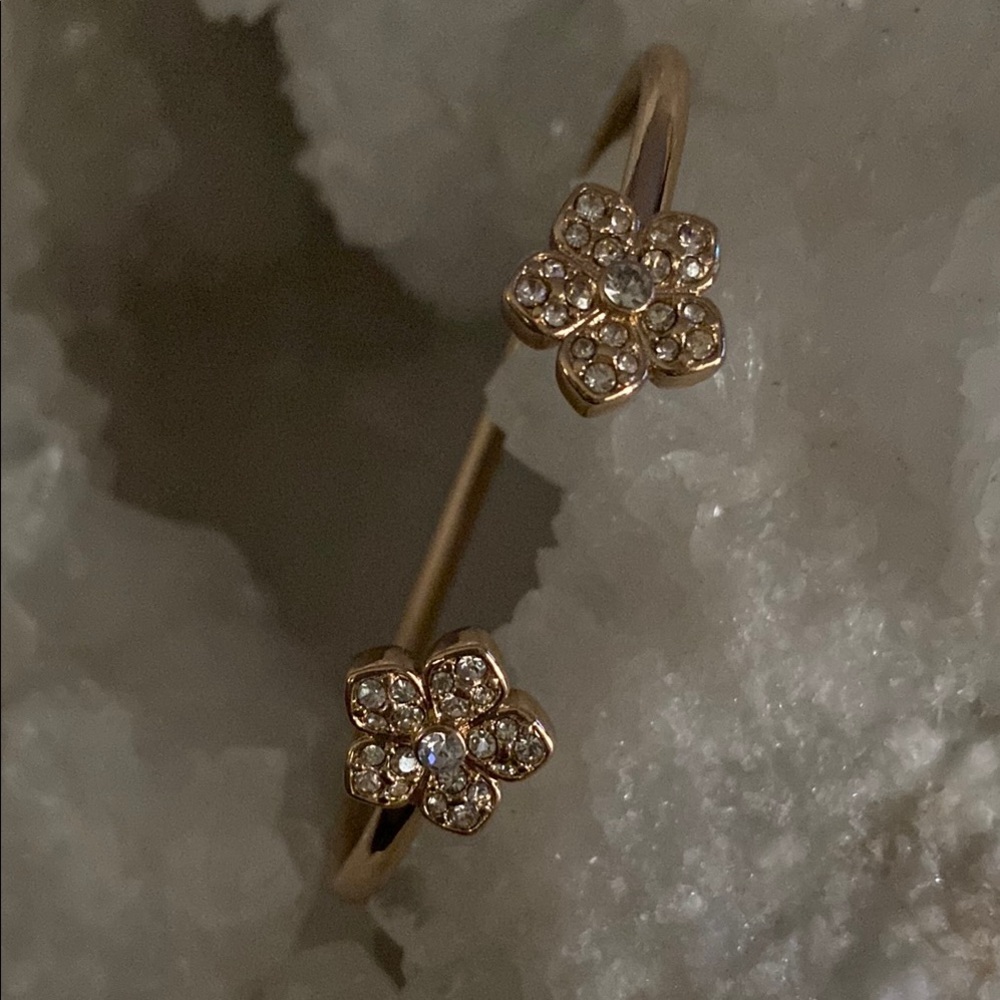 Gold Tone Floral Crystal Open Cuff Bracelet